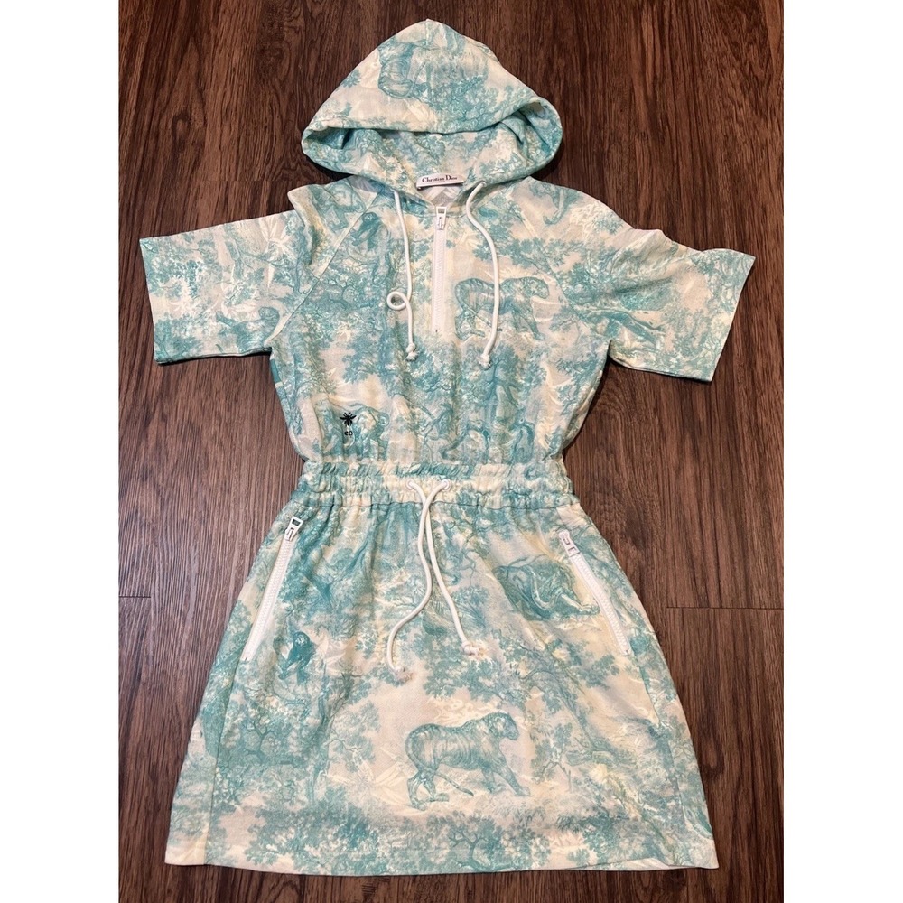 Dior Dioriviera Hooded Short Dress in Green Tiger Print Size 10 USA Italy Made